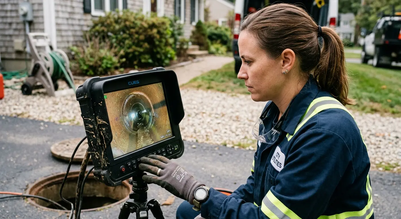 Technician reviewing sewer camera inspection footage in Munster