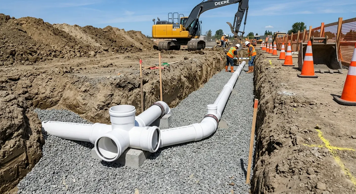 New PVC sewer pipe installation in open trench for Commercial Drain Cleaning in Munster