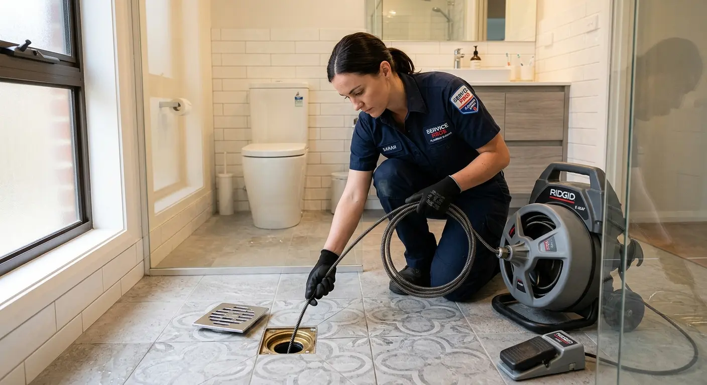 Technician clearing a bathroom floor drain for Clogged Drain Repair in Munster